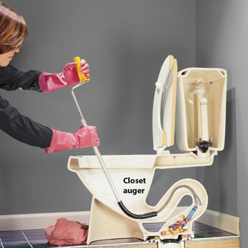 toilet auger being used to unclog a slow running toilet